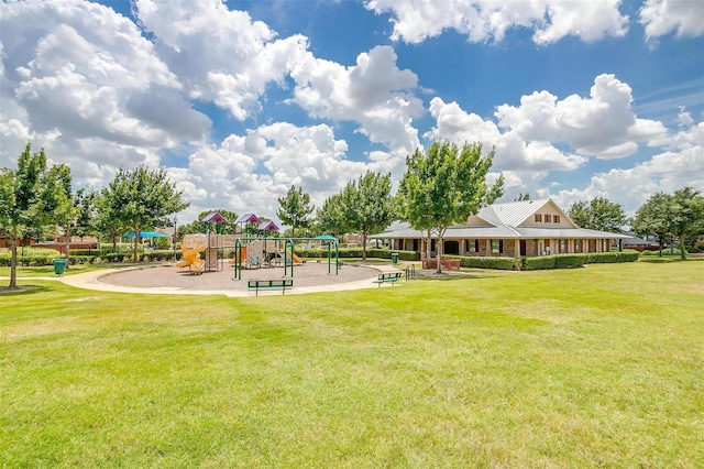 view of play area featuring a lawn