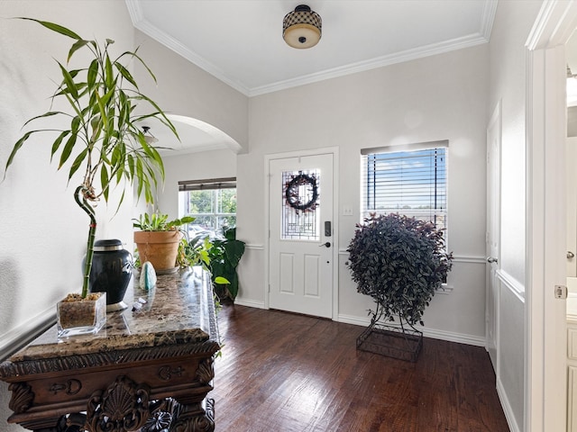 entrance foyer with crown molding and dark hardwood / wood-style floors