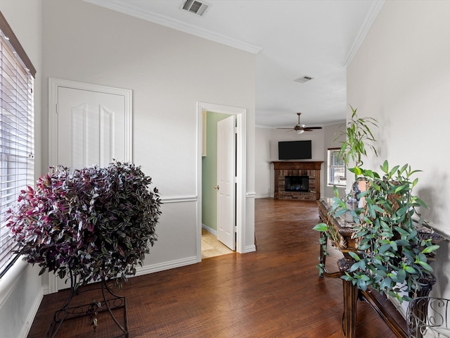 hallway featuring crown molding, plenty of natural light, and dark hardwood / wood-style flooring