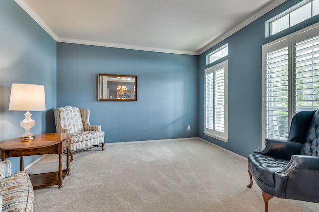 living area featuring light carpet and ornamental molding