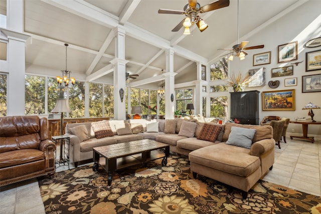 tiled living room with ornate columns, high vaulted ceiling, and beamed ceiling