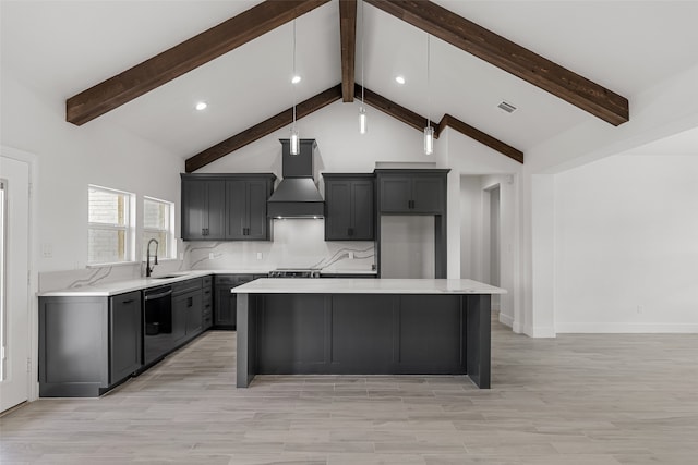 kitchen with premium range hood, a center island, beam ceiling, light hardwood / wood-style flooring, and black dishwasher