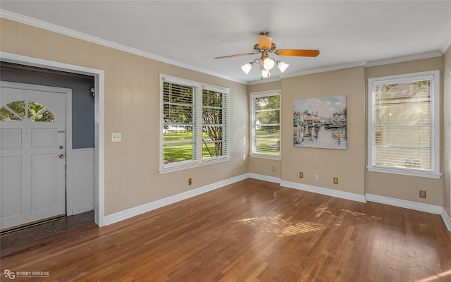 foyer entrance with ceiling fan, wood-type flooring, ornamental molding, and plenty of natural light