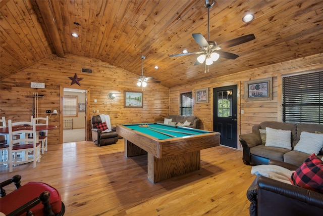 recreation room with visible vents, lofted ceiling, wood ceiling, and billiards