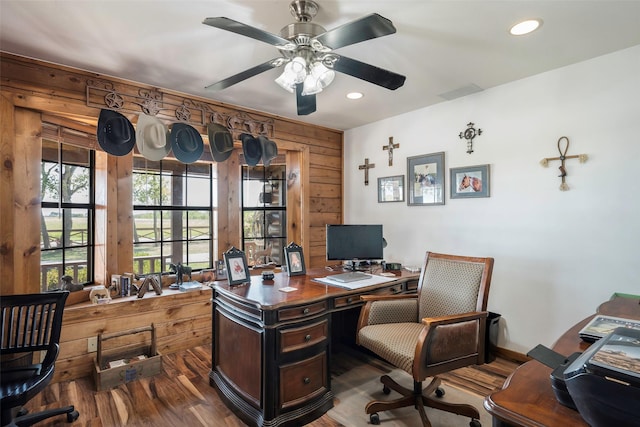 office featuring dark wood-type flooring and ceiling fan