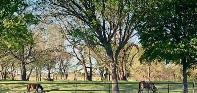 surrounding community with a rural view, a yard, and fence