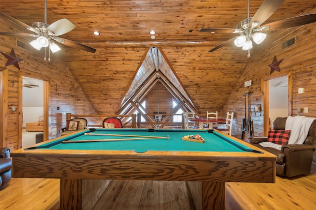 rec room with wood ceiling, billiards, light hardwood / wood-style floors, and vaulted ceiling