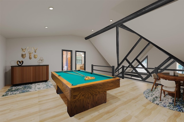 game room with billiards, lofted ceiling, and light hardwood / wood-style floors