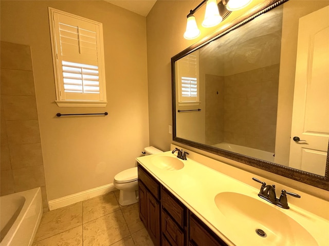 full bathroom with vanity, toilet, tile patterned flooring, and tiled shower / bath