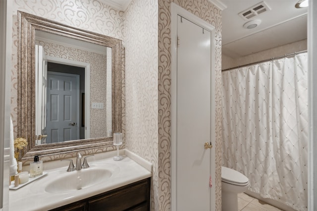 bathroom featuring a shower with shower curtain, toilet, tile patterned floors, vanity, and ornamental molding