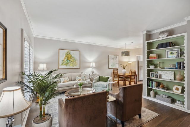 living room with crown molding and dark hardwood / wood-style floors