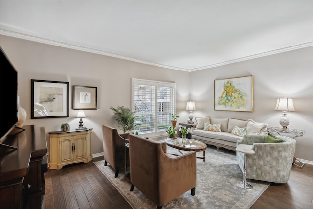 living room featuring ornamental molding and dark hardwood / wood-style floors