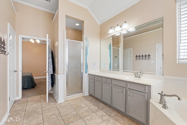 bathroom with crown molding, separate shower and tub, tile patterned floors, and vanity