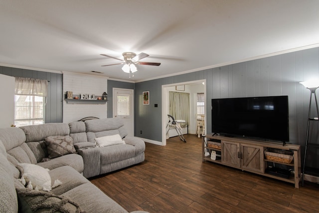 living room featuring ceiling fan, ornamental molding, dark wood-type flooring, and wooden walls