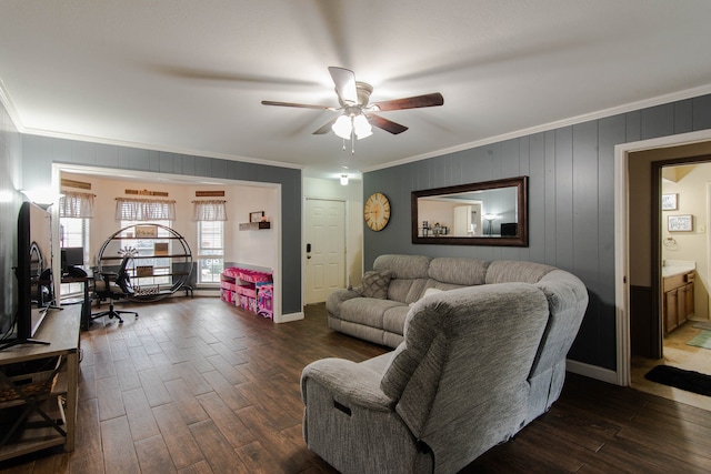 living room with dark hardwood / wood-style floors, ceiling fan, and ornamental molding