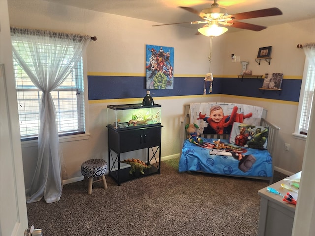 bedroom with carpet floors and ceiling fan