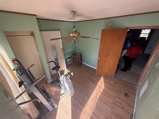 interior space with ornamental molding, hardwood / wood-style floors, a textured ceiling, and ceiling fan