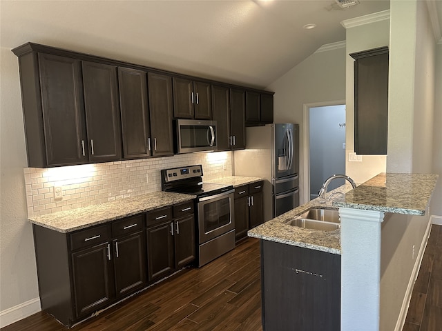 kitchen featuring light stone countertops, sink, appliances with stainless steel finishes, and dark hardwood / wood-style floors