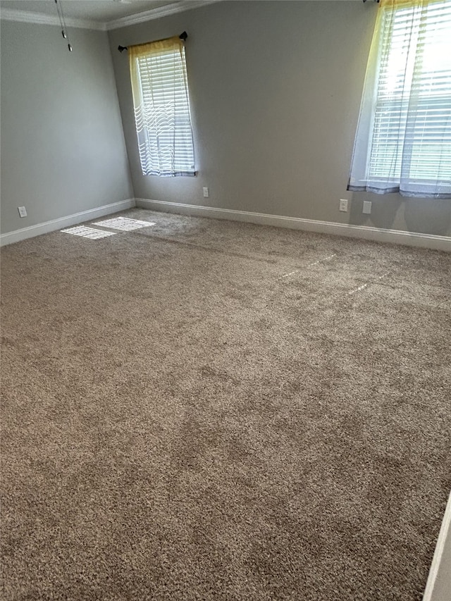 spare room with carpet flooring, ornamental molding, plenty of natural light, and ceiling fan