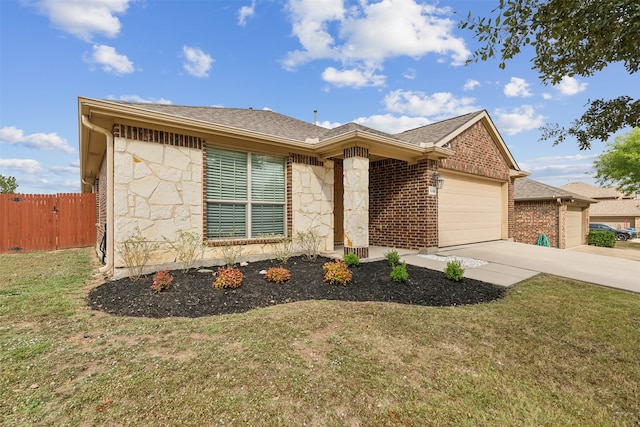 ranch-style home with a front lawn and a garage