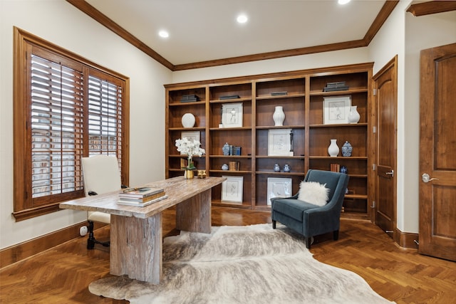 office space featuring dark parquet flooring and crown molding