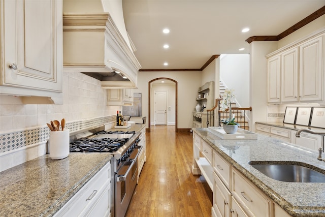 kitchen with sink, light stone countertops, cream cabinetry, light hardwood / wood-style flooring, and high end stainless steel range