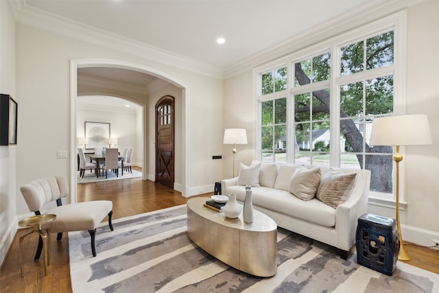 living room featuring plenty of natural light, hardwood / wood-style flooring, and crown molding