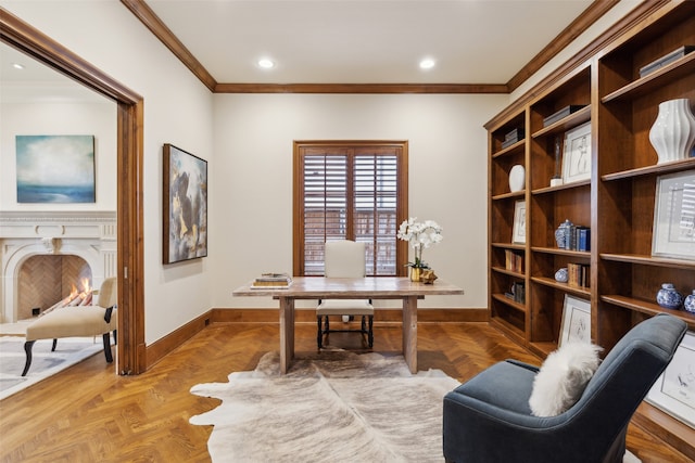 office with parquet flooring and crown molding