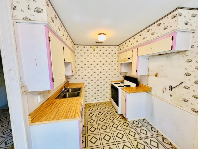 kitchen with sink, white cabinetry, and electric stove