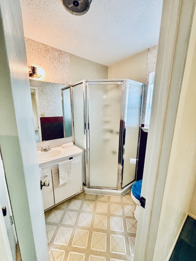 bathroom with vanity, a textured ceiling, toilet, and a shower with door