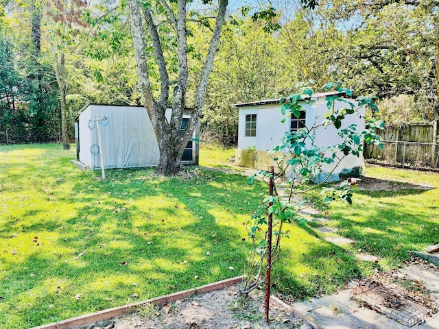 view of yard featuring a storage shed