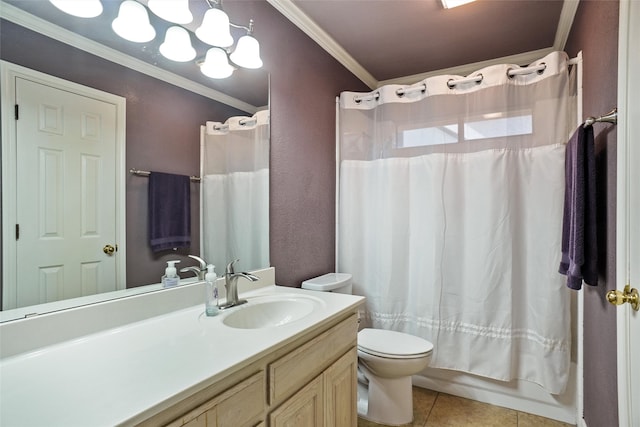 full bathroom featuring tile patterned floors, shower / bath combo, toilet, crown molding, and vanity