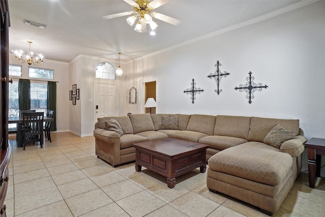 tiled living room with ornamental molding and ceiling fan with notable chandelier