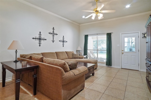 tiled living room with ceiling fan and ornamental molding