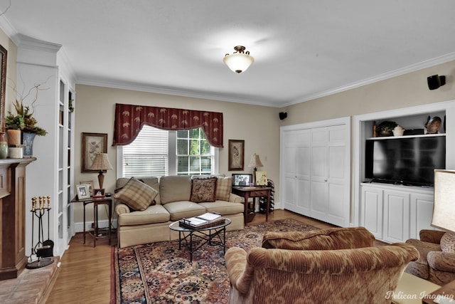 living room featuring hardwood / wood-style floors and crown molding