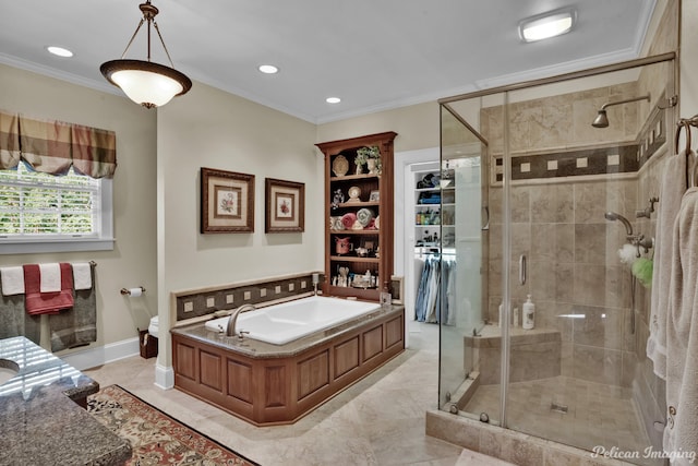 bathroom featuring toilet, crown molding, and plus walk in shower