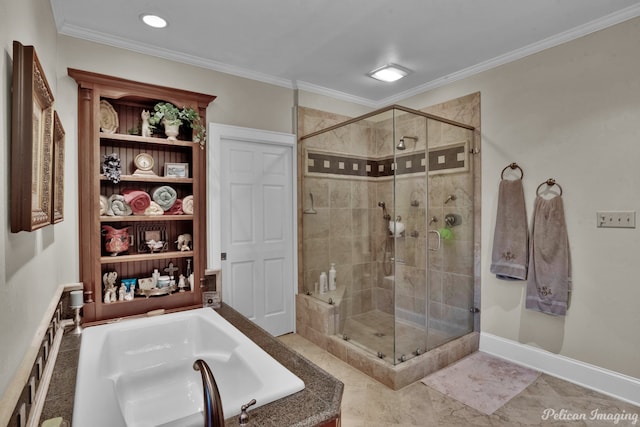 bathroom featuring crown molding and shower with separate bathtub