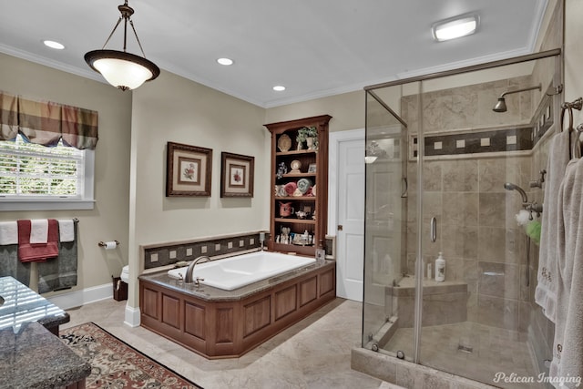 bathroom featuring ornamental molding and plus walk in shower