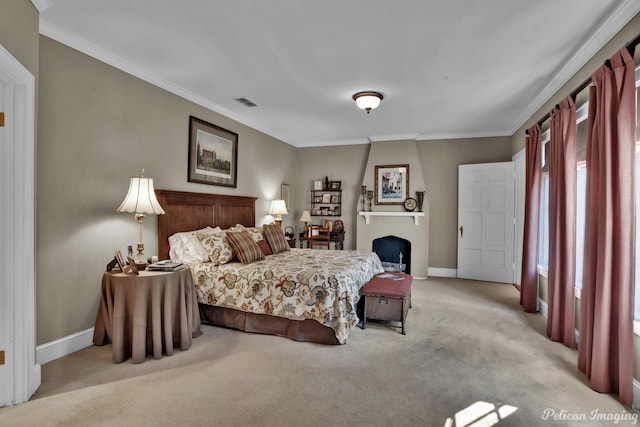 bedroom with ornamental molding and light colored carpet