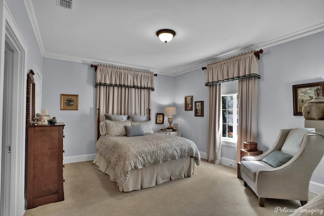 bedroom featuring ornamental molding and light colored carpet