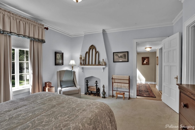 bedroom featuring light carpet, multiple windows, and crown molding