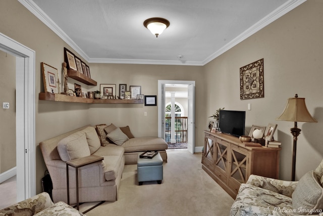 carpeted living room with ornamental molding