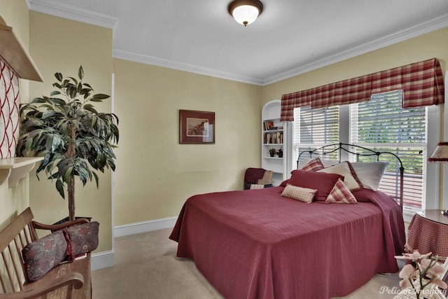 bedroom with light carpet and crown molding