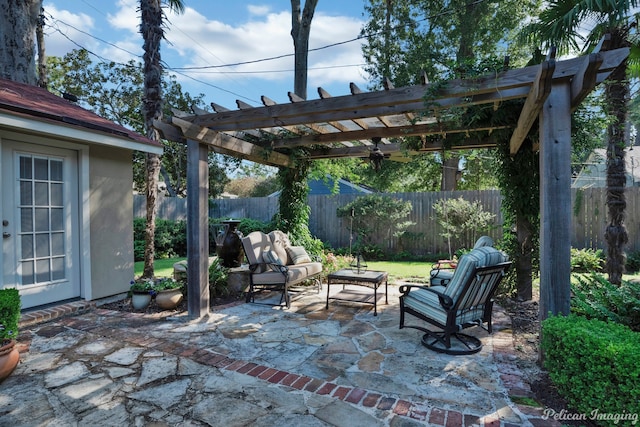 view of patio / terrace with a pergola and an outdoor hangout area