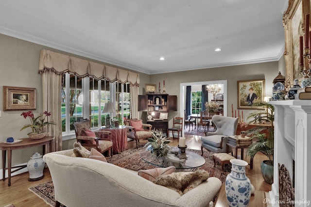 living room featuring ornamental molding, light hardwood / wood-style flooring, and a healthy amount of sunlight