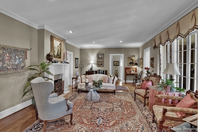 living room featuring ornamental molding and hardwood / wood-style flooring