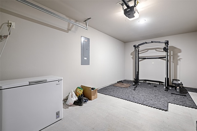 exercise area with electric panel and carpet floors