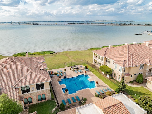 drone / aerial view featuring a water view