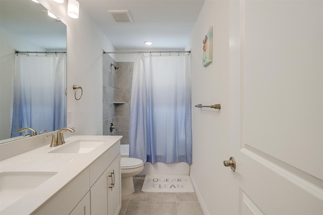 full bathroom with shower / bath combination with curtain, toilet, tile patterned floors, and vanity