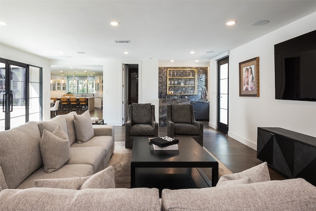 living room with dark wood-type flooring